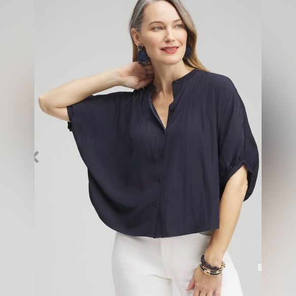 Chico's Tops - Chico’s Pintuck Dolman Sleeve Shirt Size 2.5 US 14 Cap Sleeve  Neck Button Navy